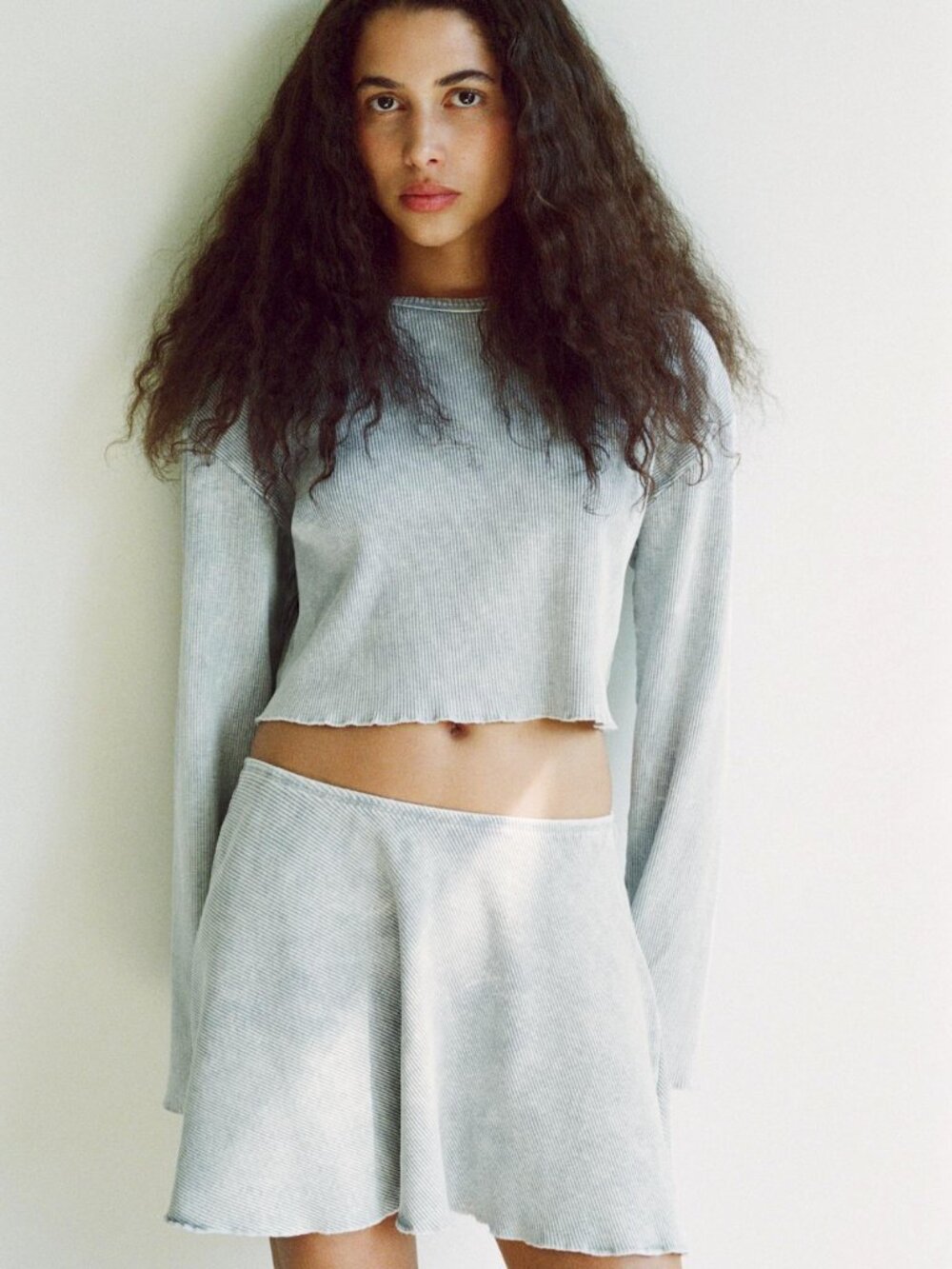 ZARA WASHED EFFECT RIB SHIRT + MINI SKIRT S